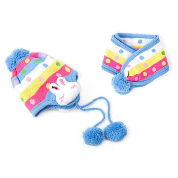 Super Cute Colorful Polka Dot Knitted Hat Scarf Set with Rabbit Ear Muff