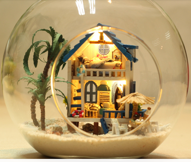 Aegean Sea DIY Miniature House Model Glass Globe Ornament with Led Lights Christmas Gift Idea